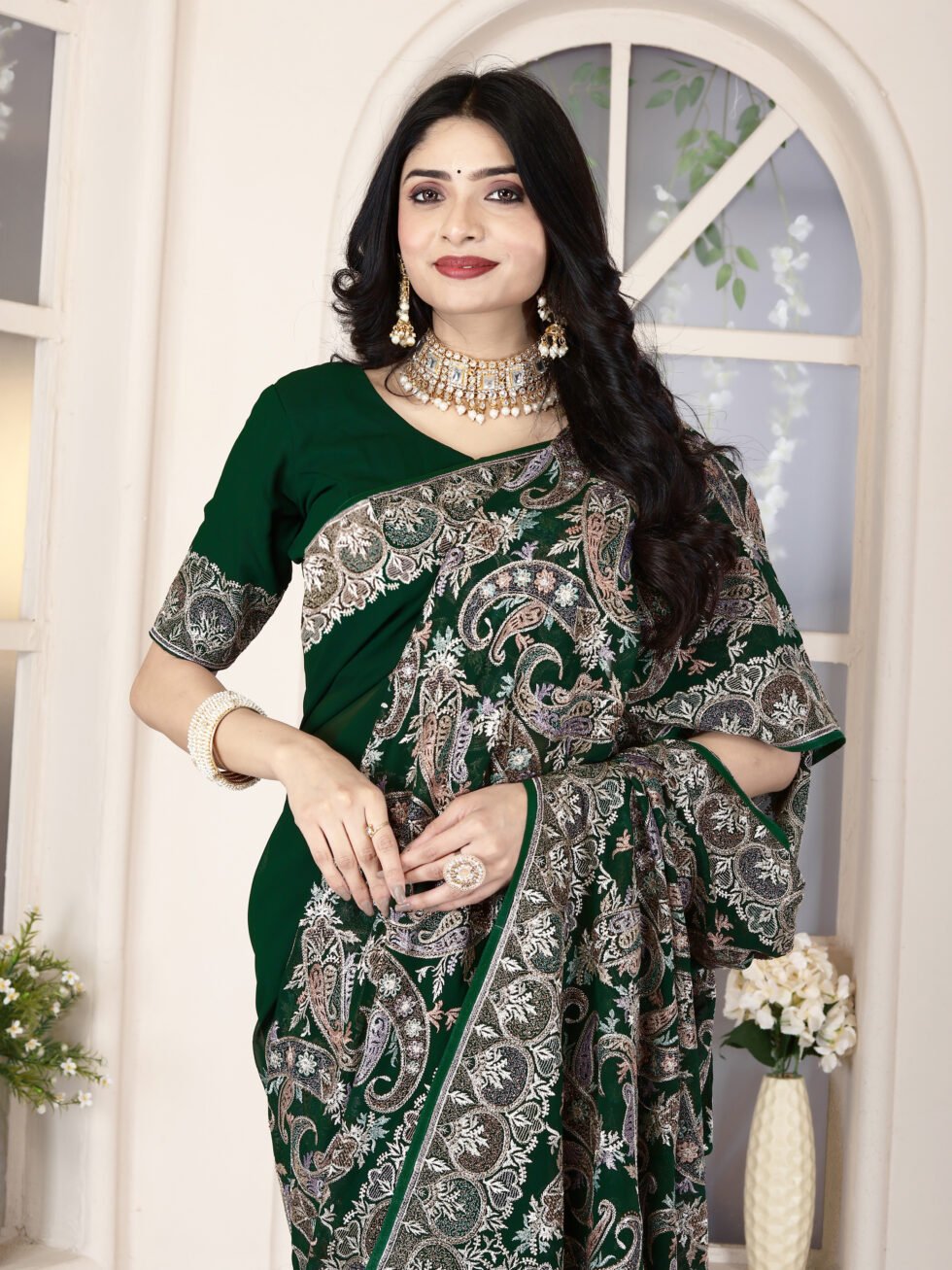 Green Majesty Georgette Saree