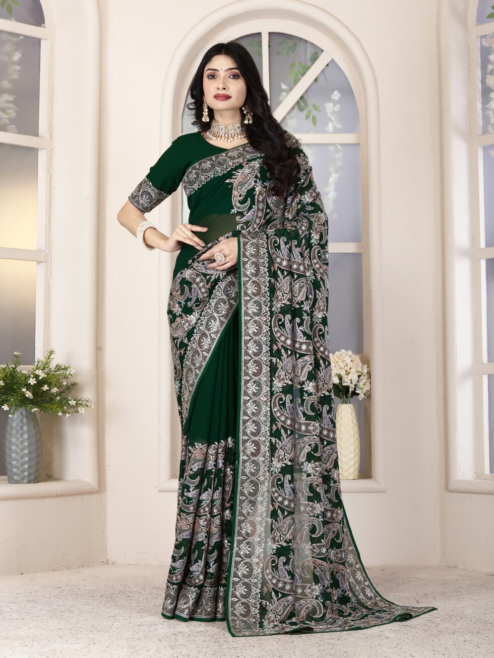 Green Majesty Georgette Saree