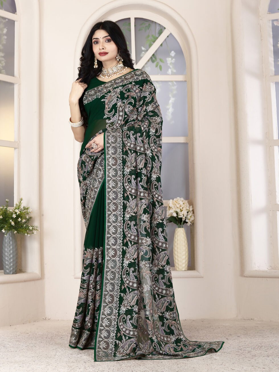 Green Majesty Georgette Saree