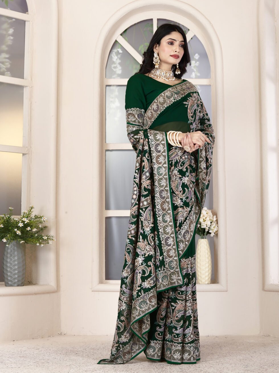 Green Majesty Georgette Saree
