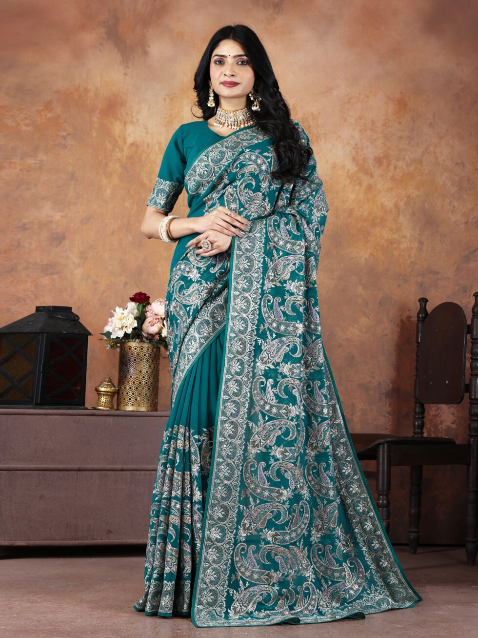 Firozi Majesty Georgette Saree