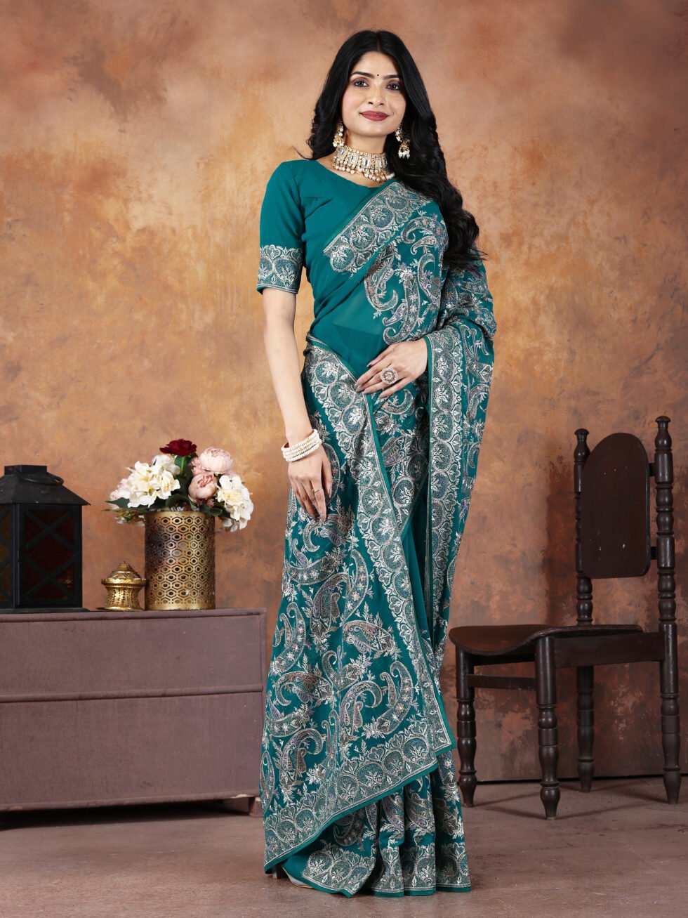 Firozi Majesty Georgette Saree