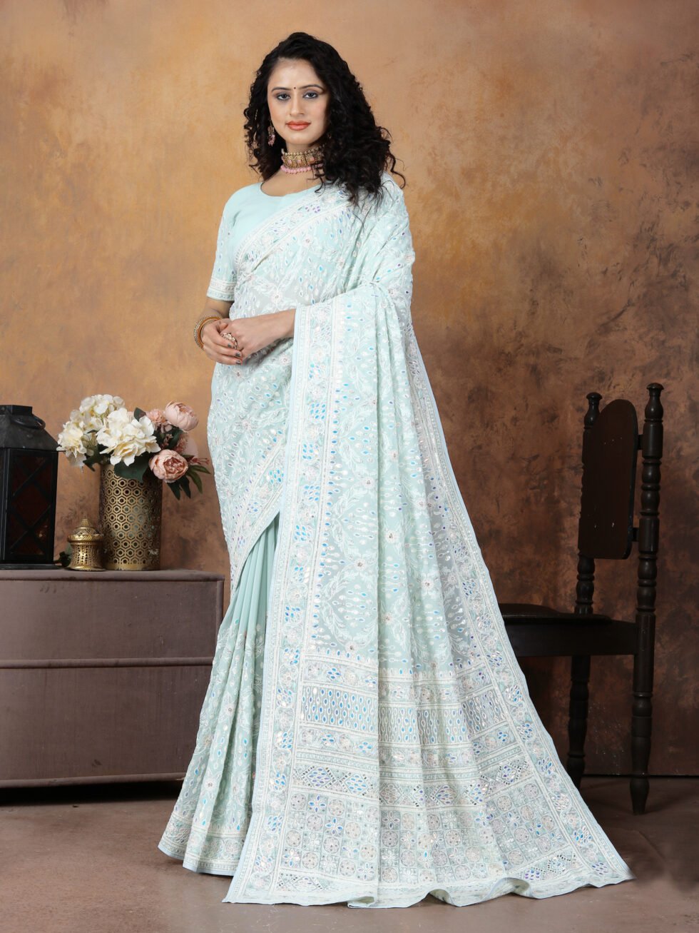 Firozi Elegance Mirror Work Georgette Saree