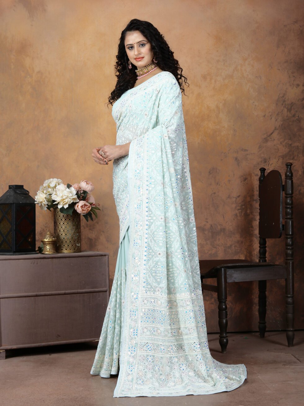 Firozi Elegance Mirror Work Georgette Saree