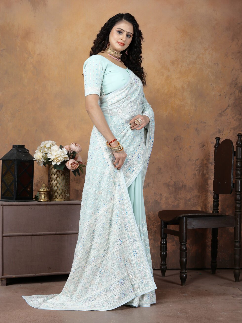 Firozi Elegance Mirror Work Georgette Saree