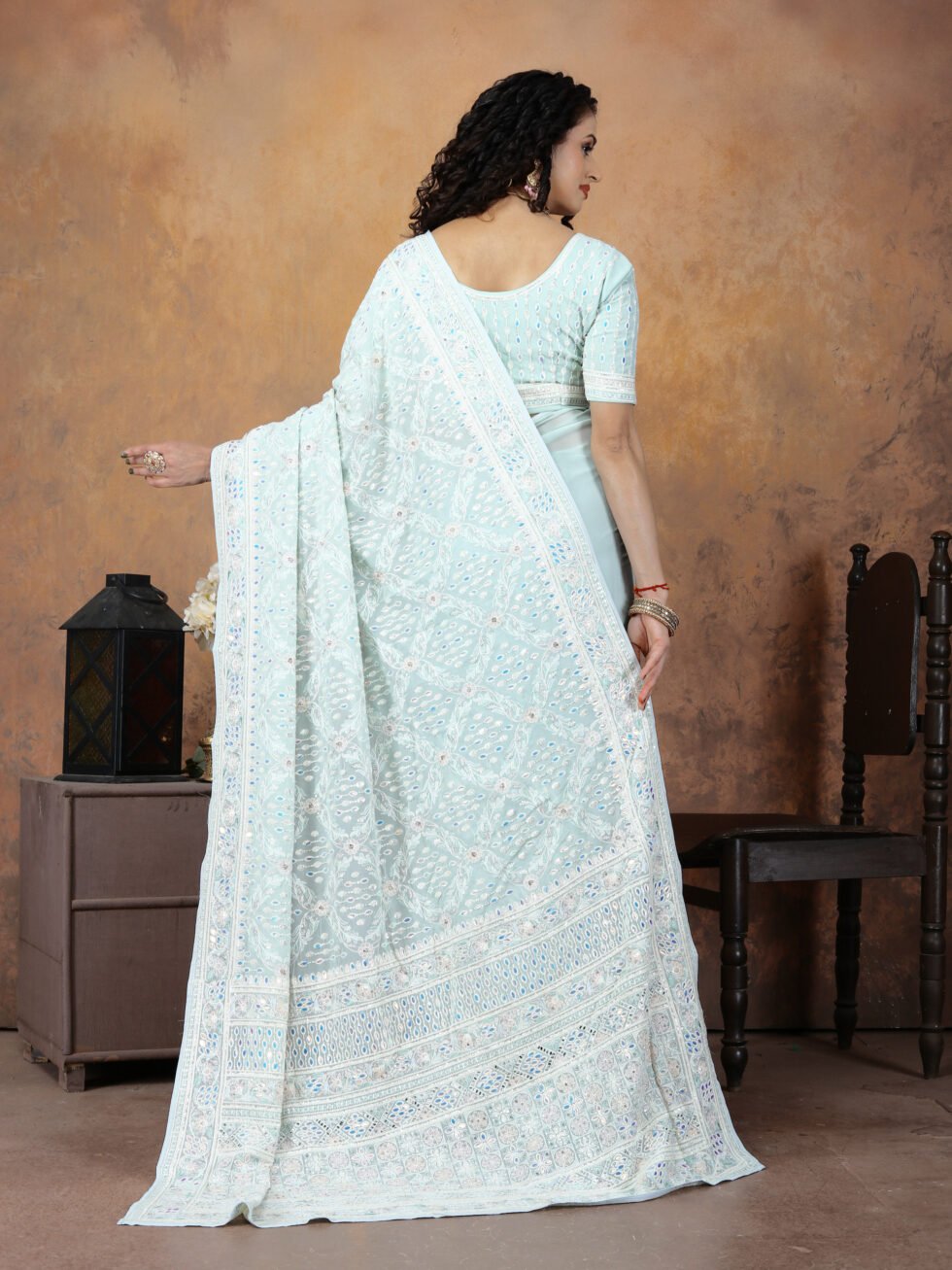 Firozi Elegance Mirror Work Georgette Saree