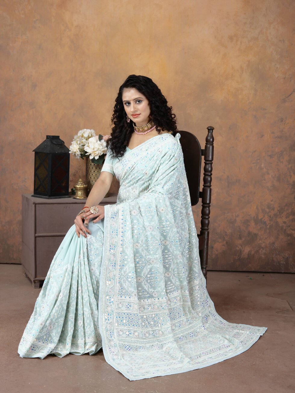 Firozi Elegance Mirror Work Georgette Saree
