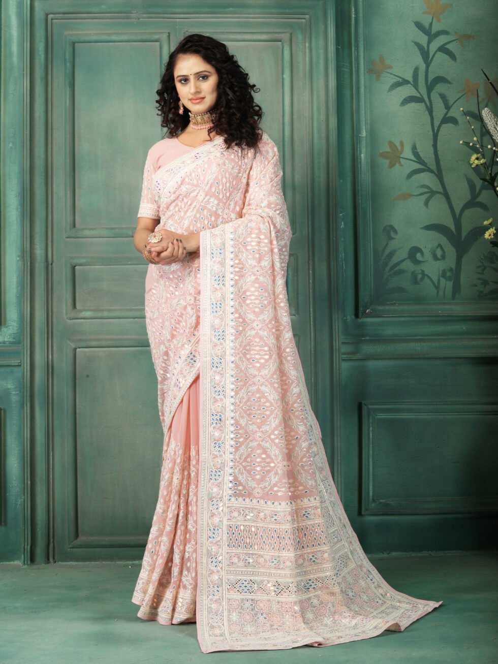 Peach Elegance Mirror Work Georgette Saree