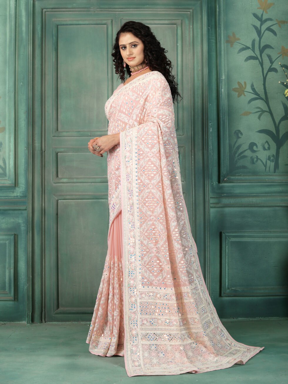 Peach Elegance Mirror Work Georgette Saree