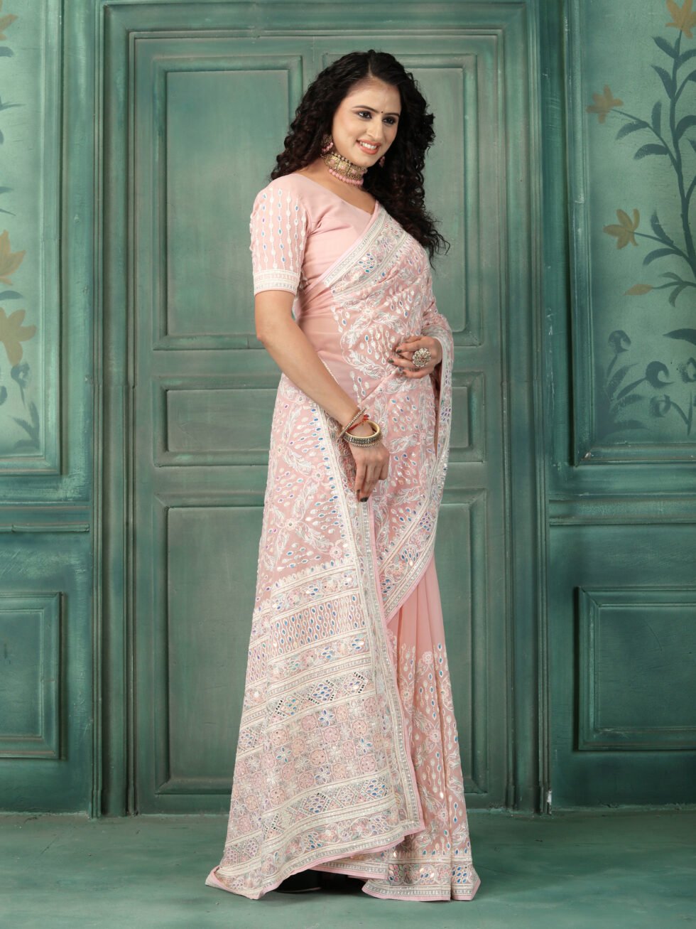 Peach Elegance Mirror Work Georgette Saree