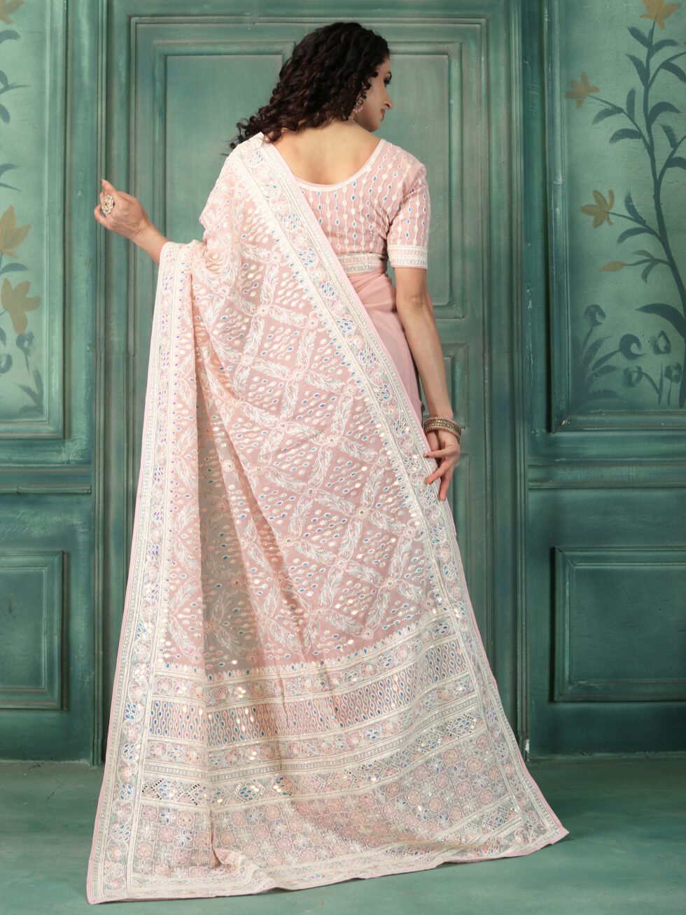 Peach Elegance Mirror Work Georgette Saree
