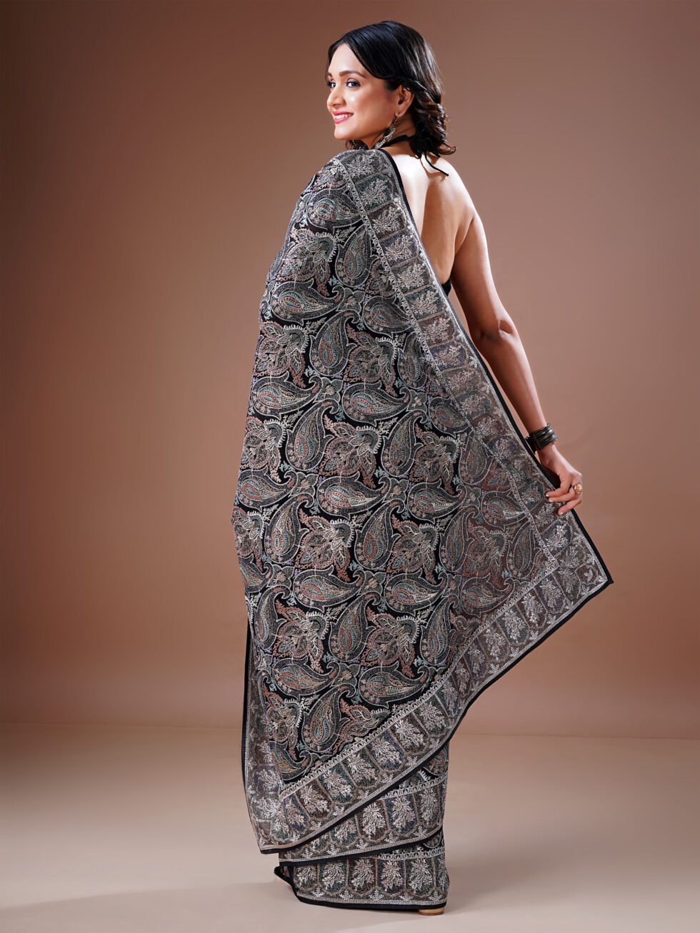 Black Embroidered Paisley Georgette Saree