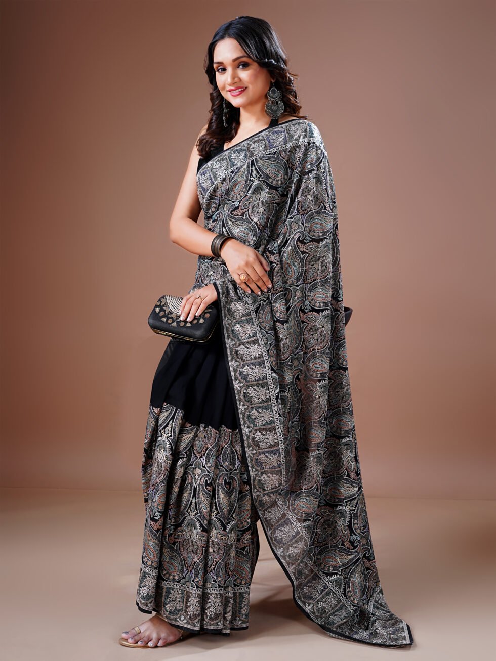 Black Embroidered Paisley Georgette Saree