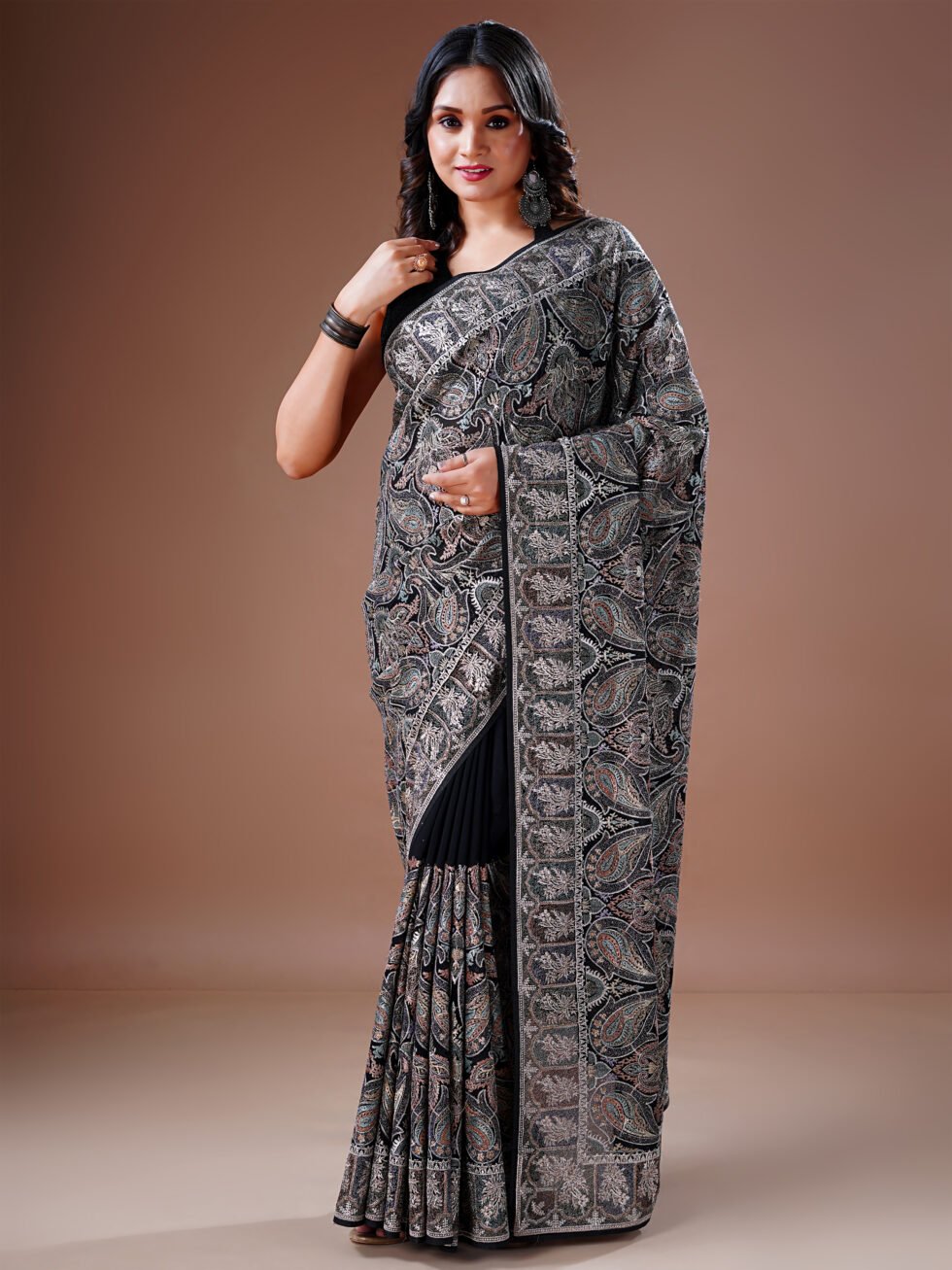 Black Embroidered Paisley Georgette Saree