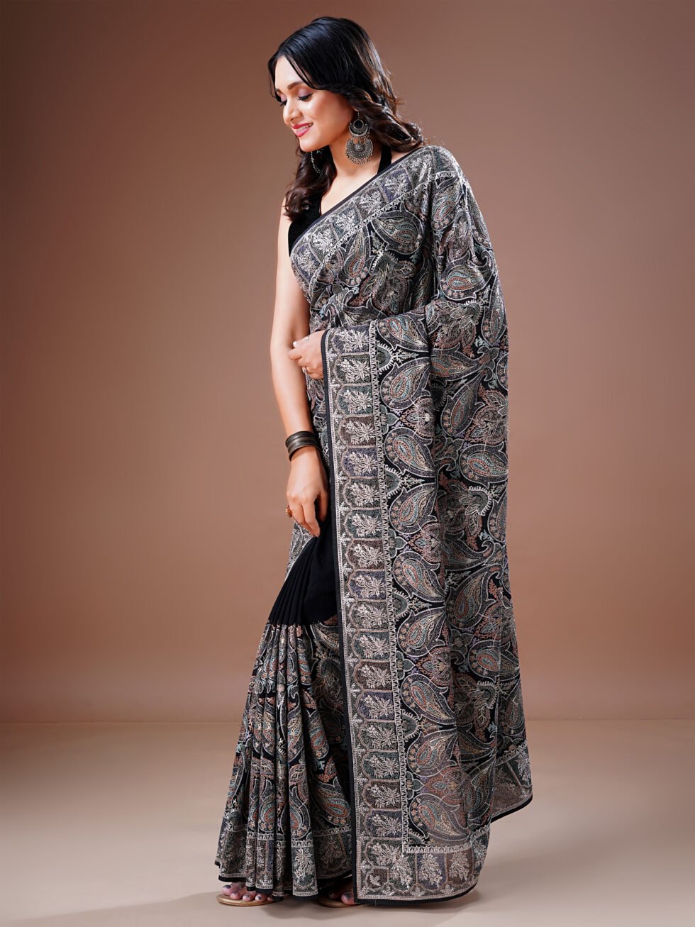 Black Embroidered Paisley Georgette Saree