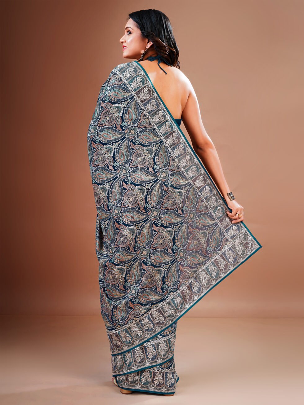 Blue Embroidered Paisley Georgette Saree