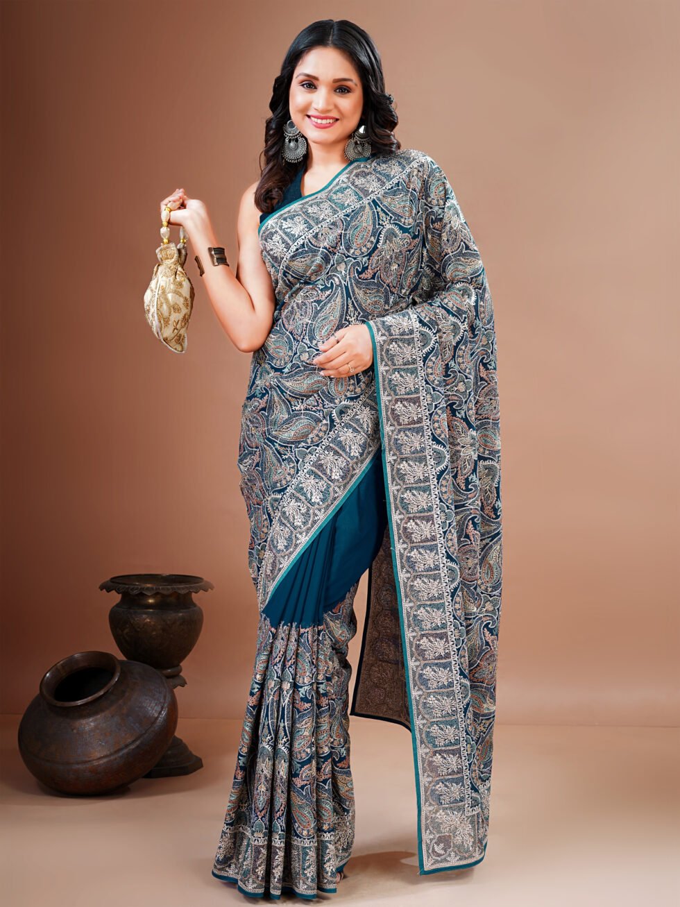 Blue Embroidered Paisley Georgette Saree
