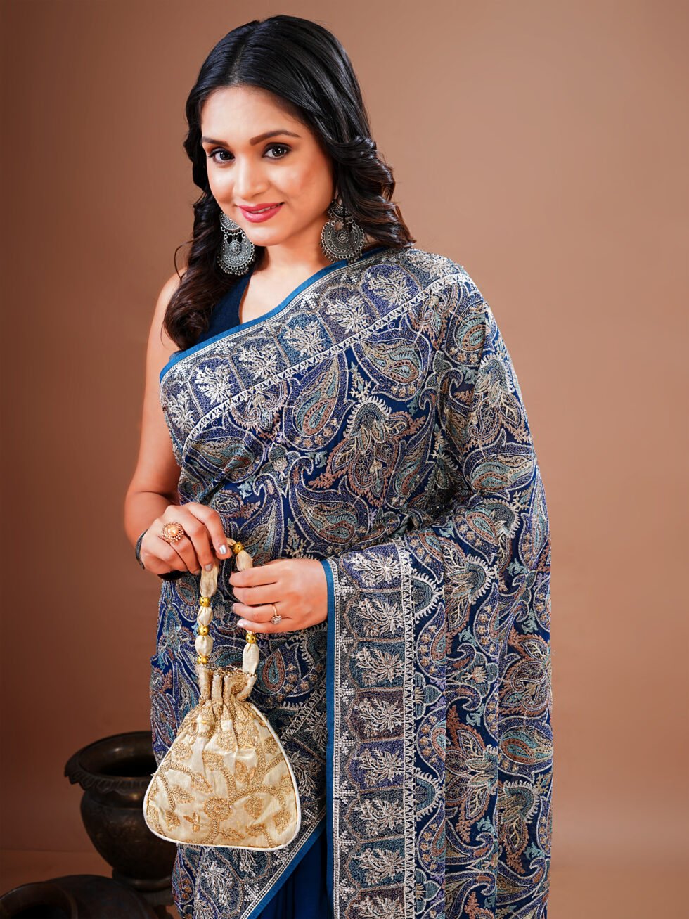 Blue Embroidered Paisley Georgette Saree