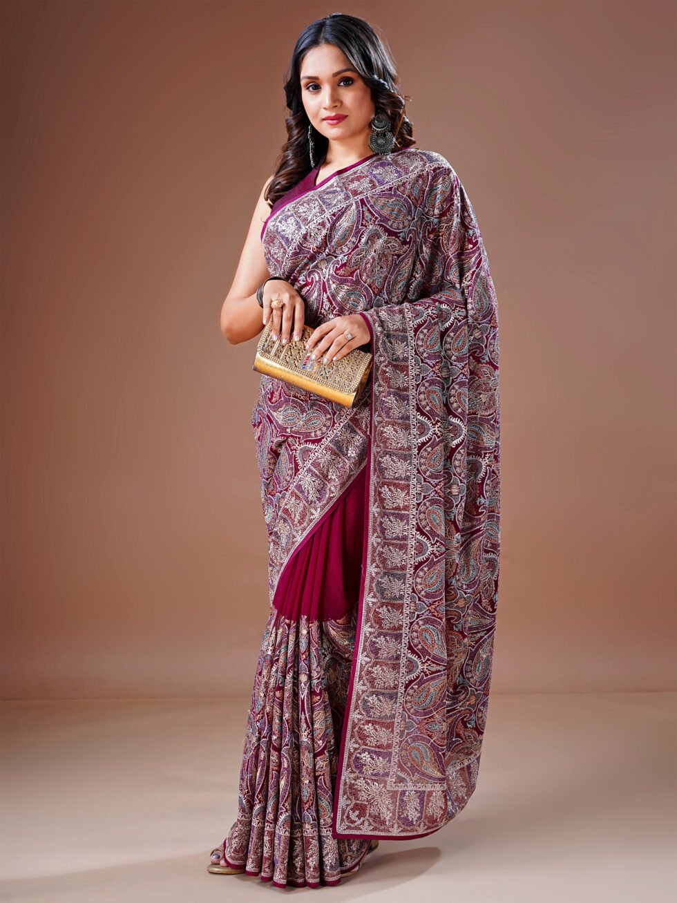Cherry Embroidered Paisley Georgette Saree