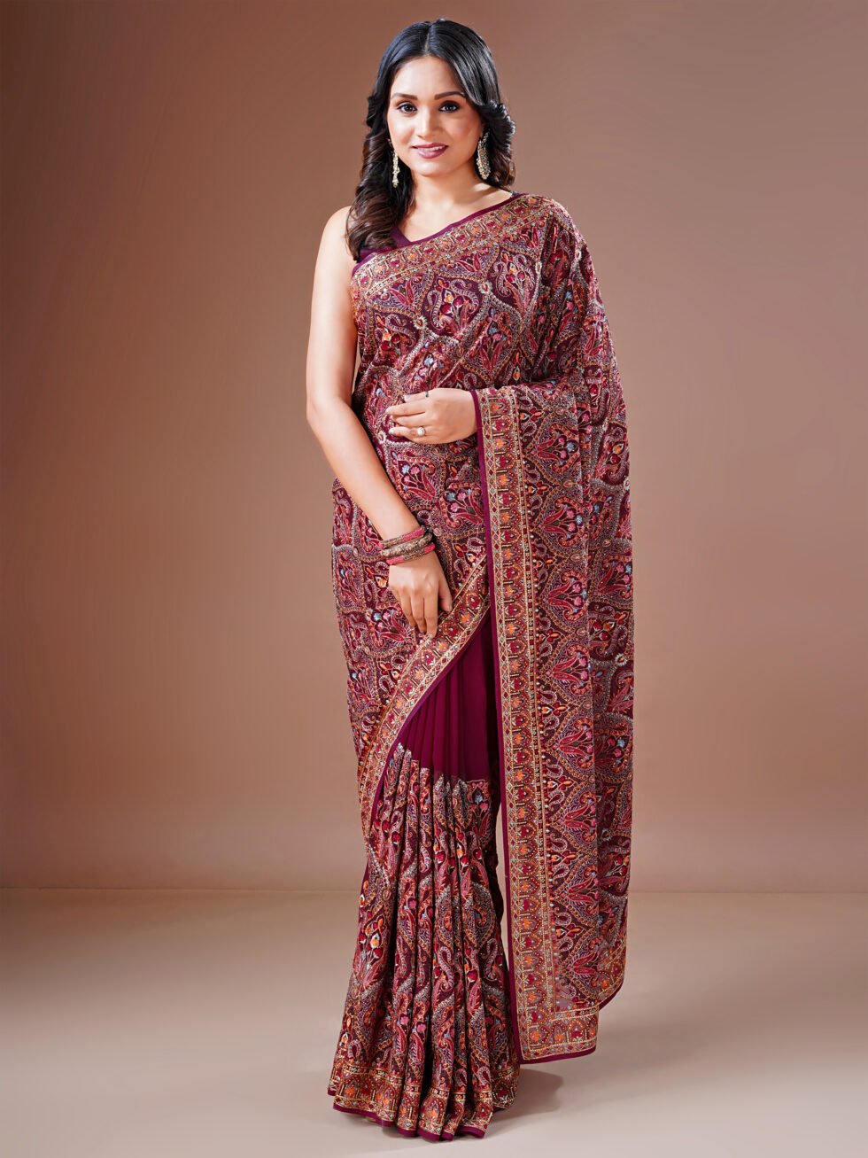 Cherry Kashmiri Embroidered Saree