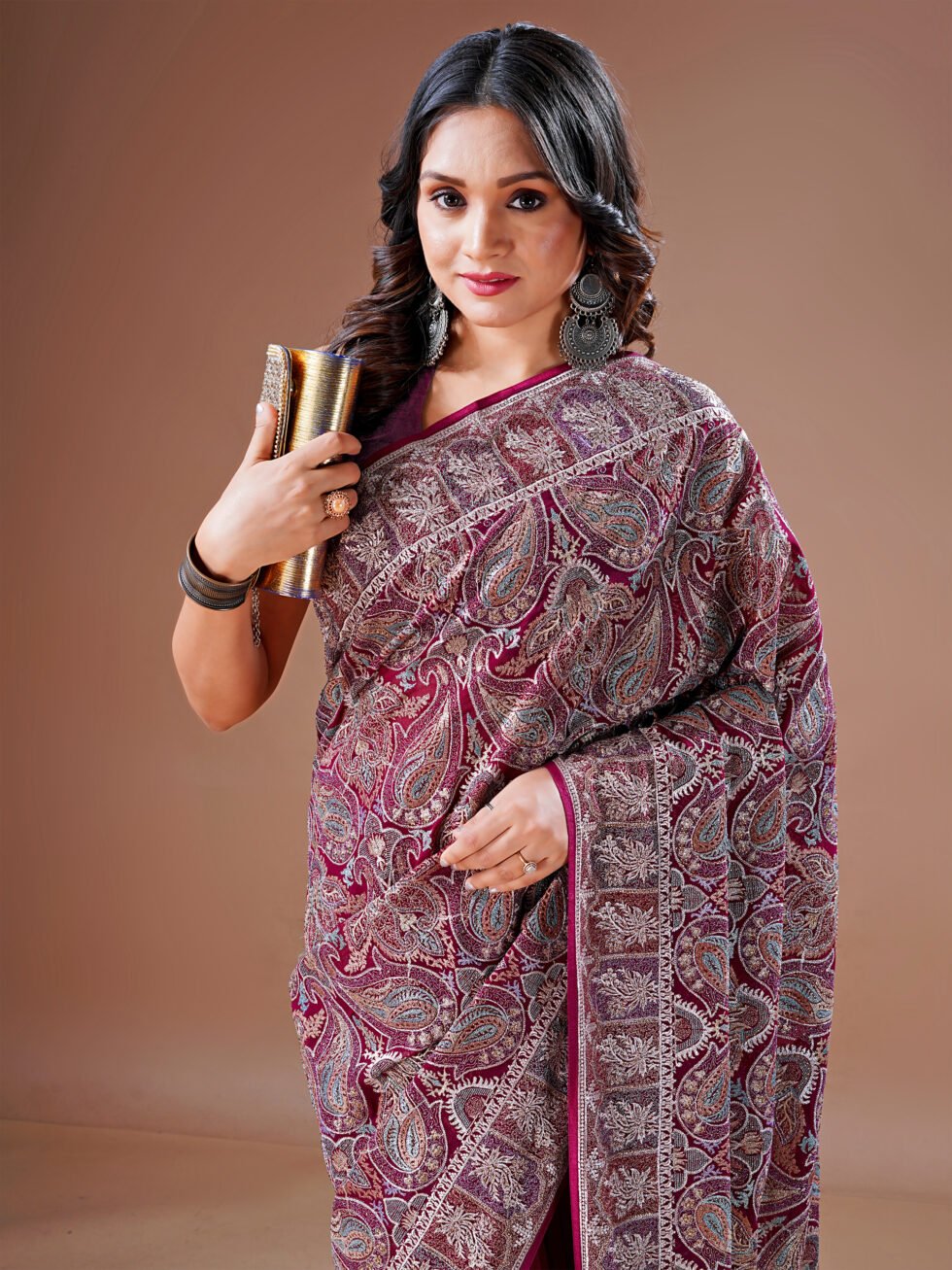 Cherry Embroidered Paisley Georgette Saree