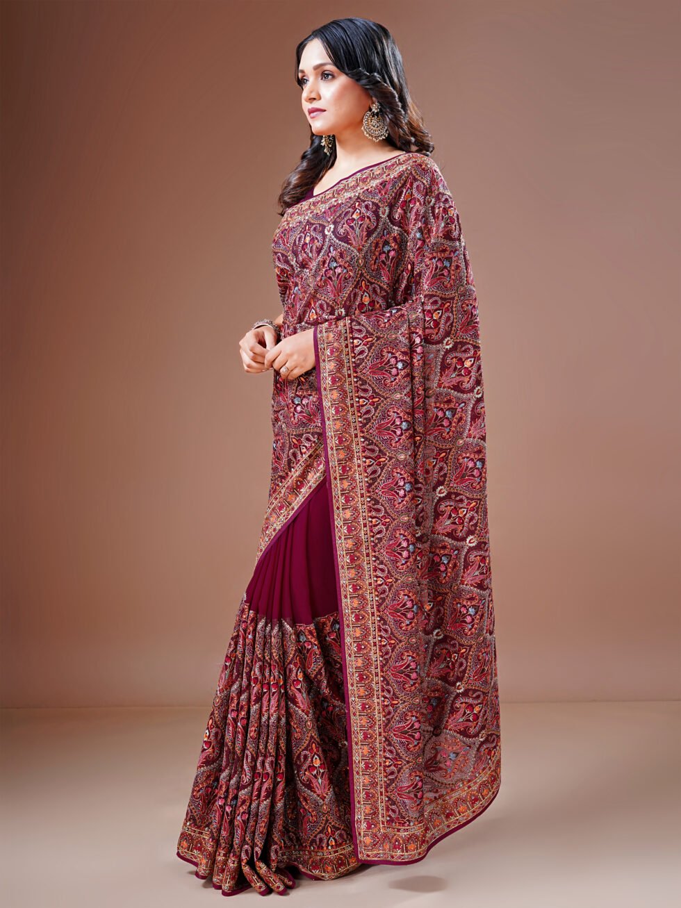 Cherry Kashmiri Embroidered Saree