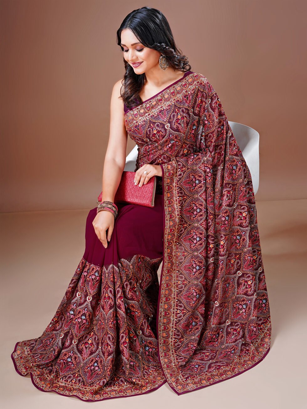 Cherry Kashmiri Embroidered Saree