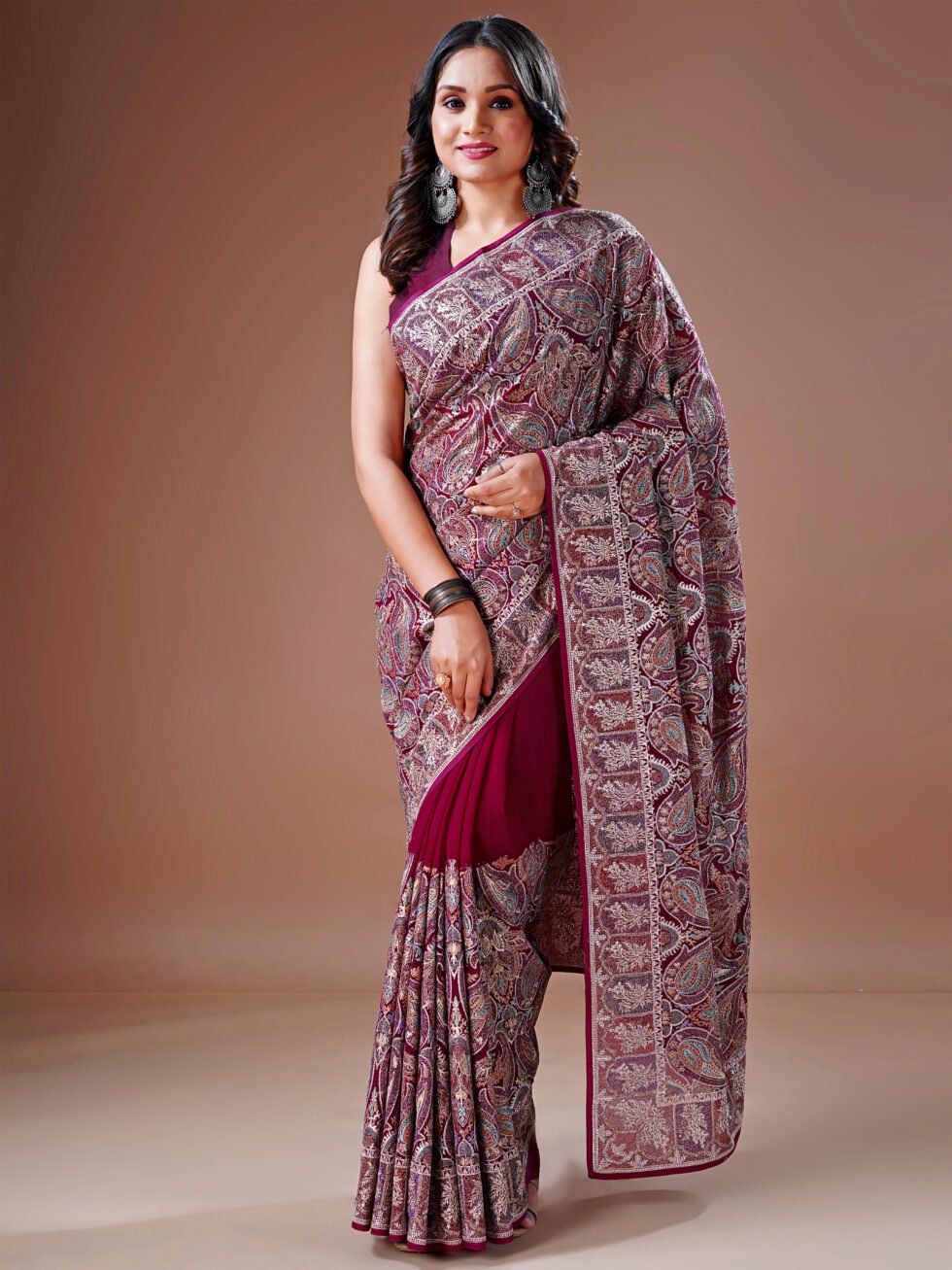 Cherry Embroidered Paisley Georgette Saree