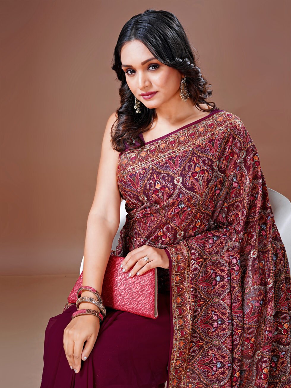 Cherry Kashmiri Embroidered Saree