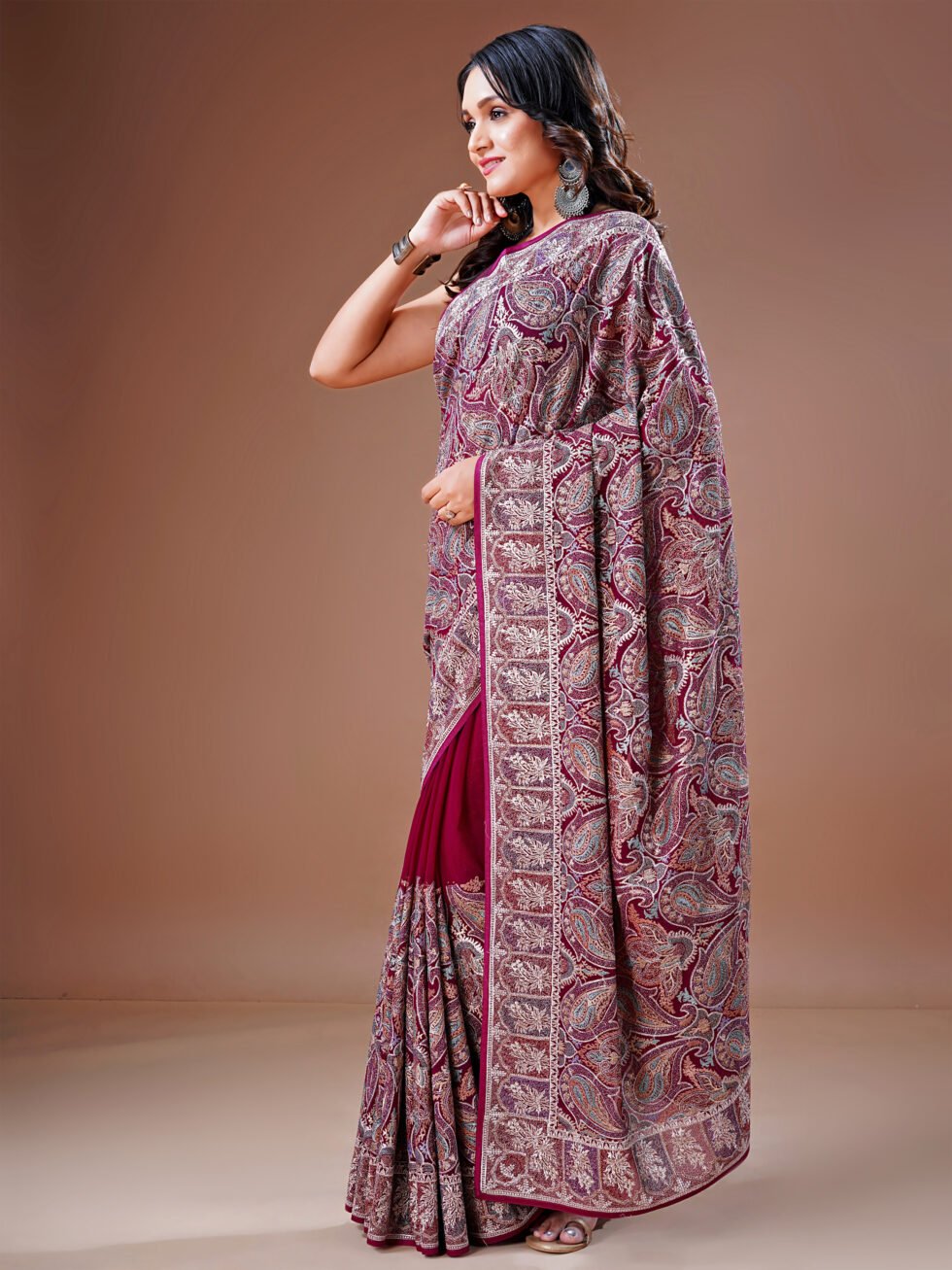 Cherry Embroidered Paisley Georgette Saree