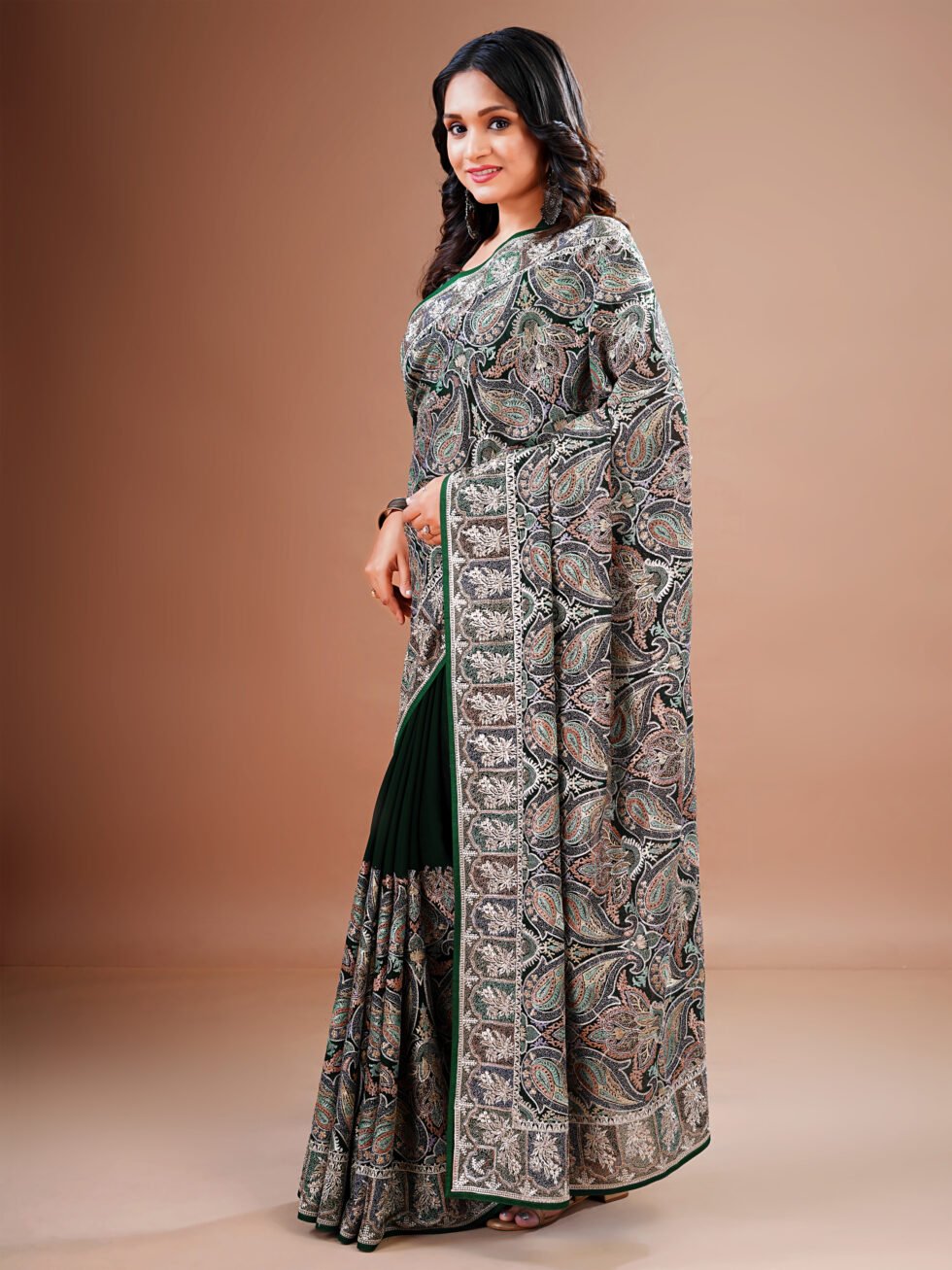Green Embroidered Paisley Georgette Saree