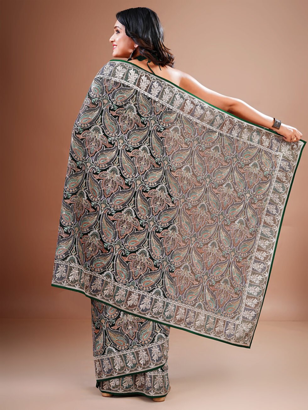 Green Embroidered Paisley Georgette Saree