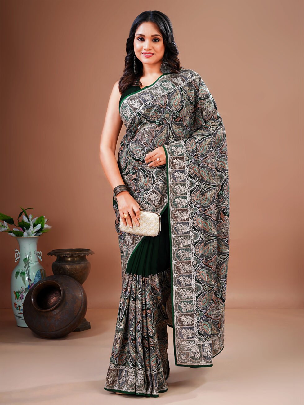 Green Embroidered Paisley Georgette Saree
