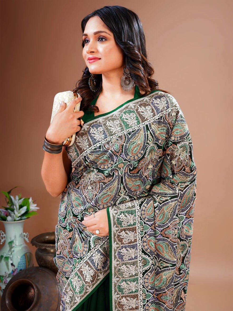 Green Embroidered Paisley Georgette Saree