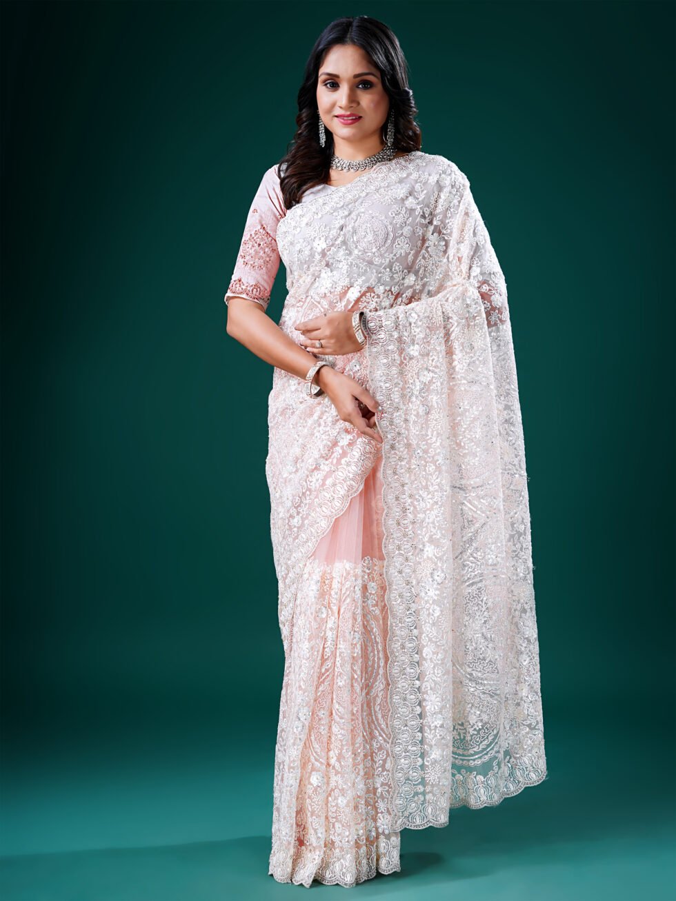 Celestial Peach Whisper Net Saree
