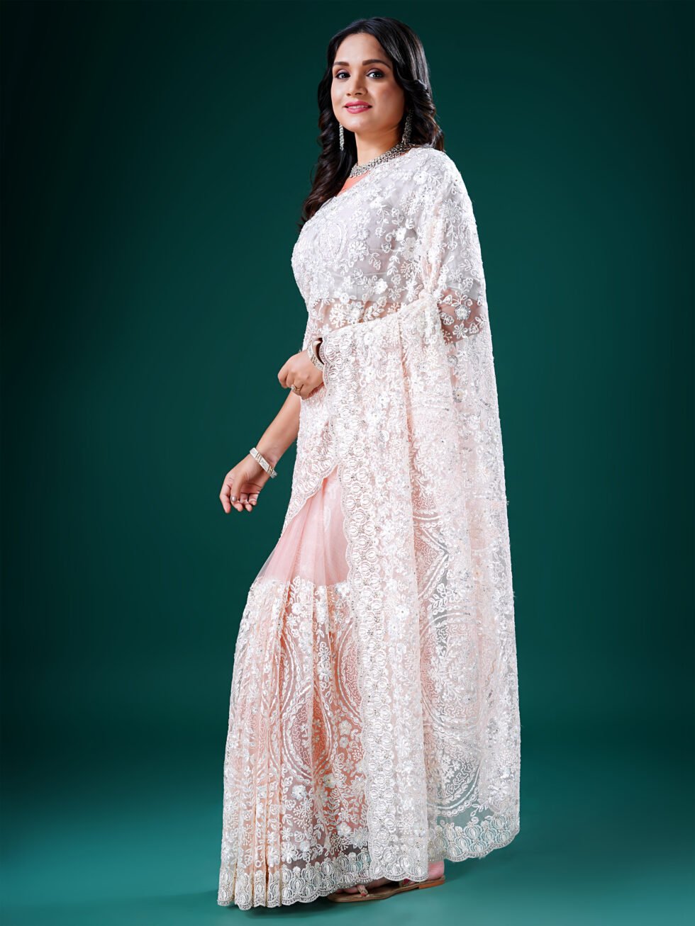 Celestial Peach Whisper Net Saree