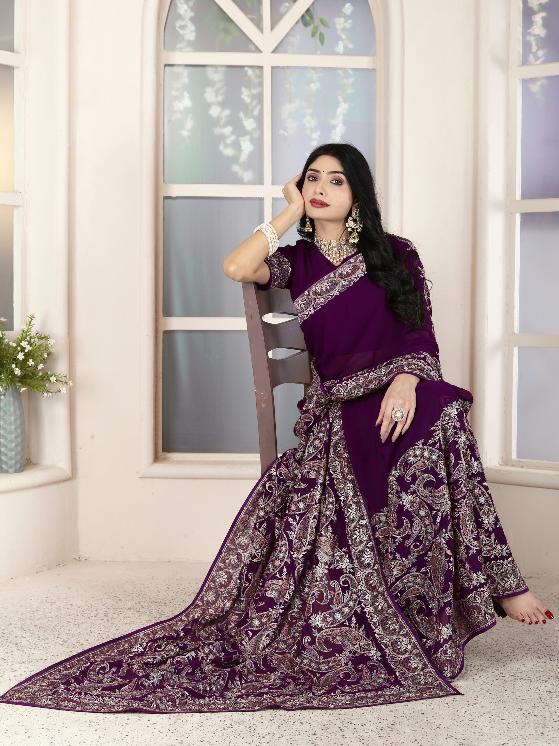 Purple Metallic Threadwork Georgette Saree