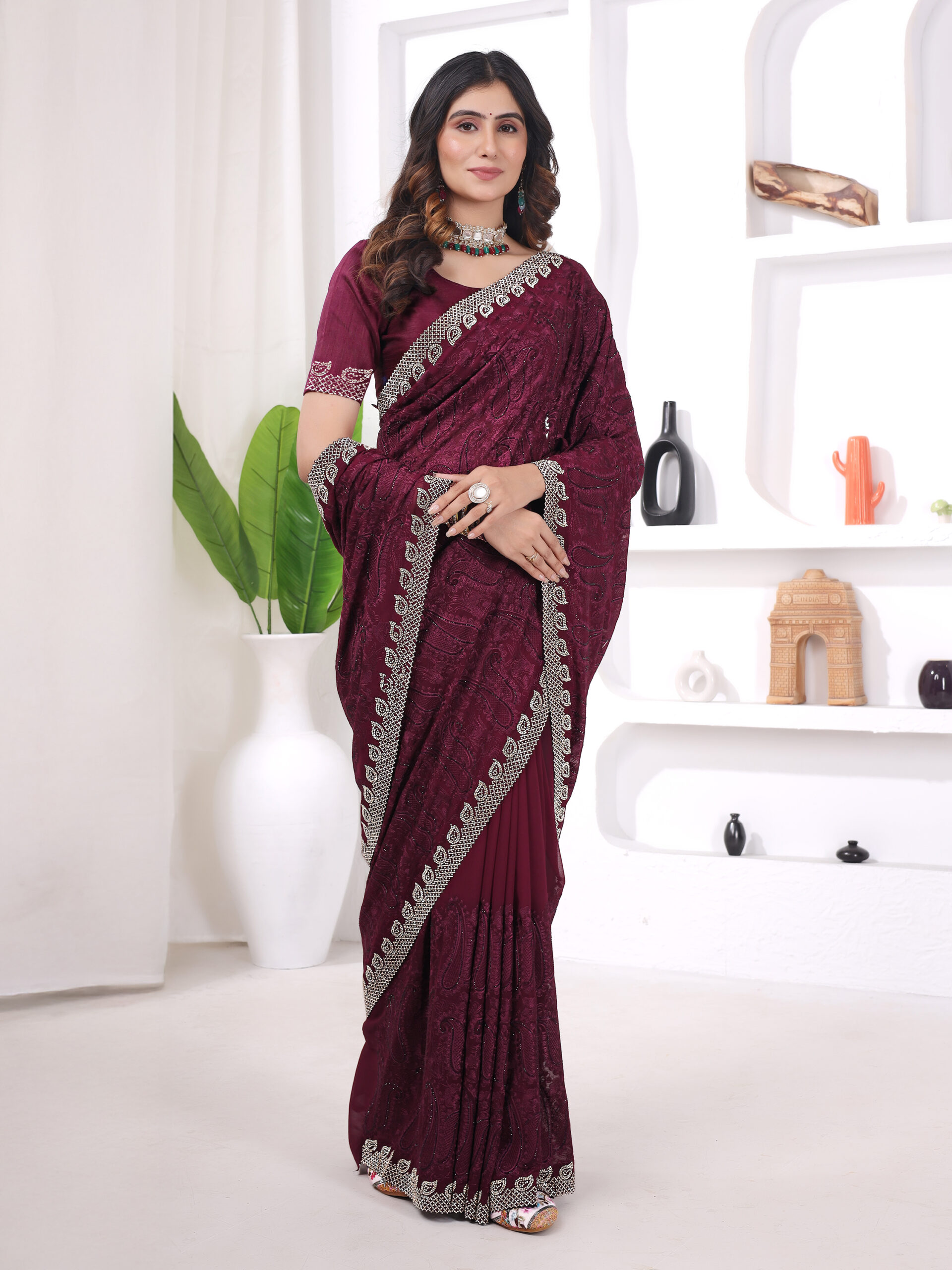 Wine Georgette Jurcan Work Saree
