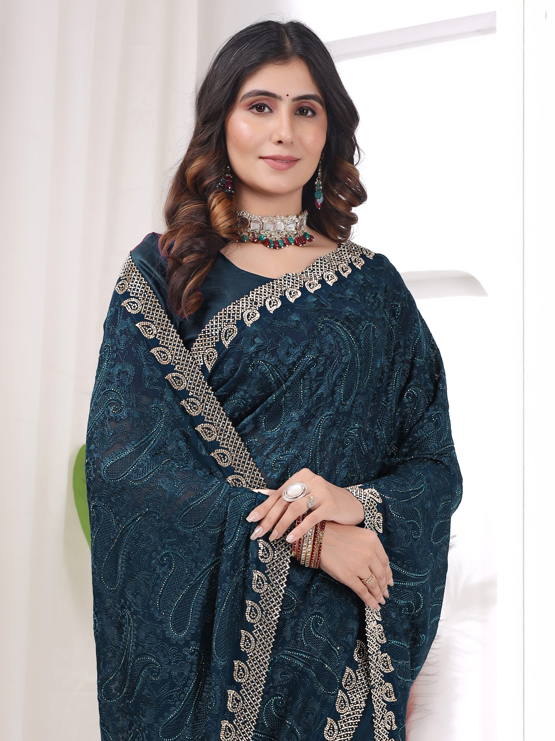 Chiffon embroidery saree with delicate thread work and a soft, lightweight drape by Ritual Styles.