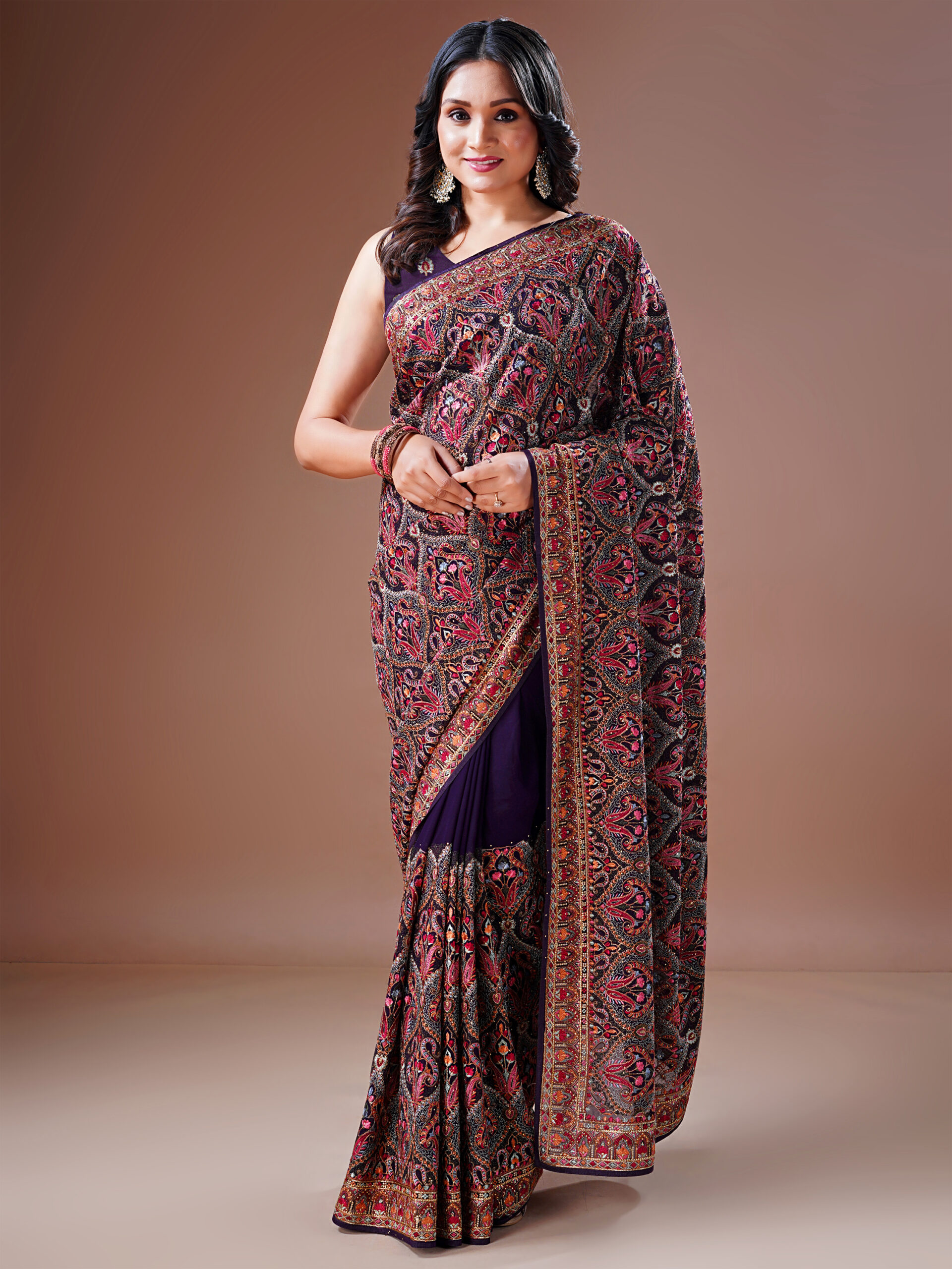 Purple Kashmiriwork Embroidered Saree