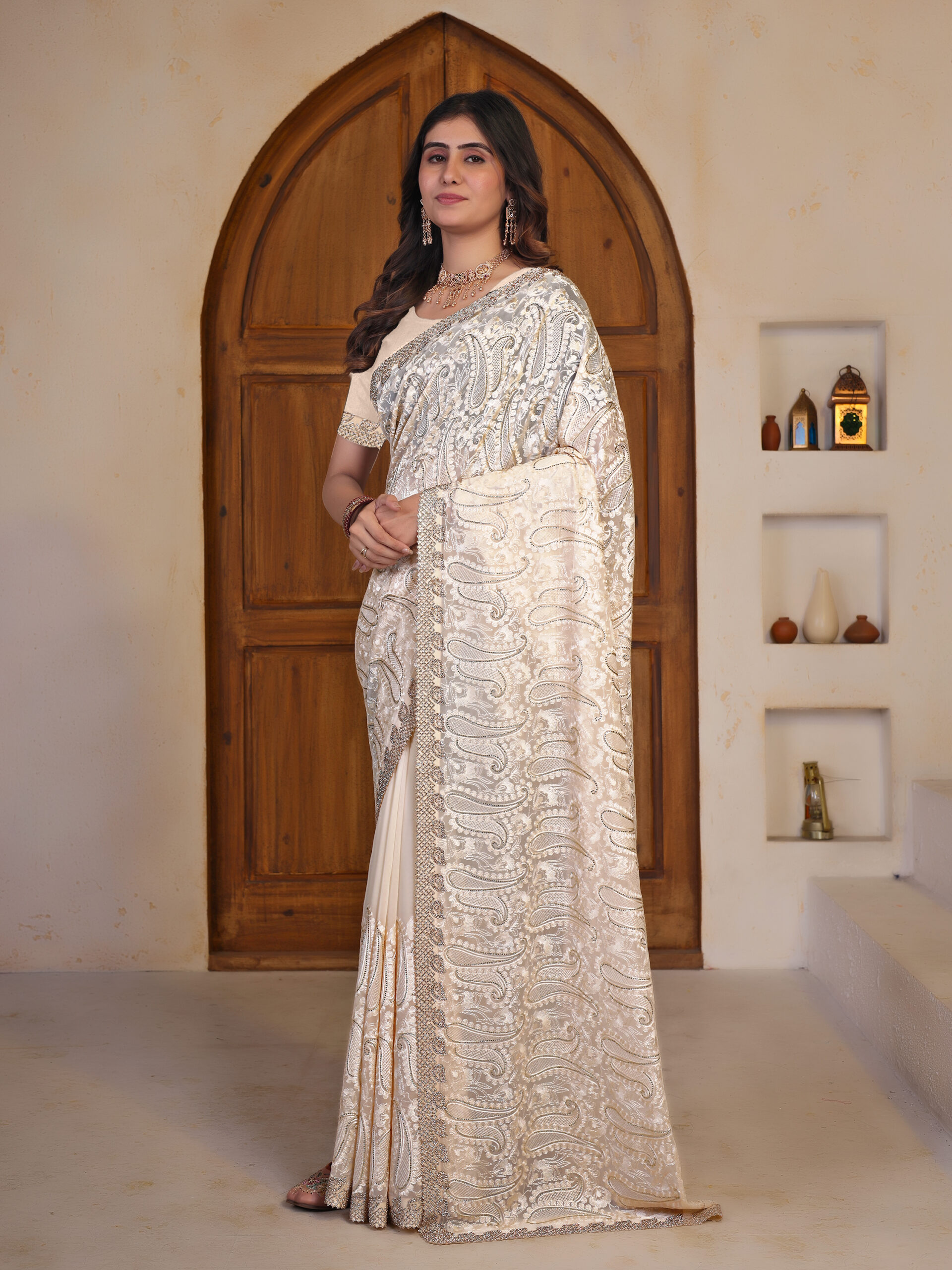 Off-White Georgette Jurcan Work Saree