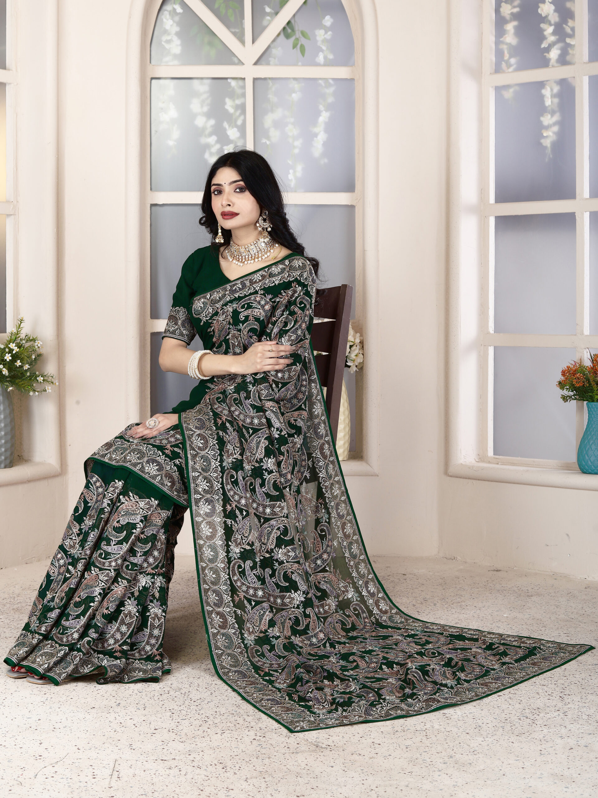 Green Metallic Threadwork Georgette Saree