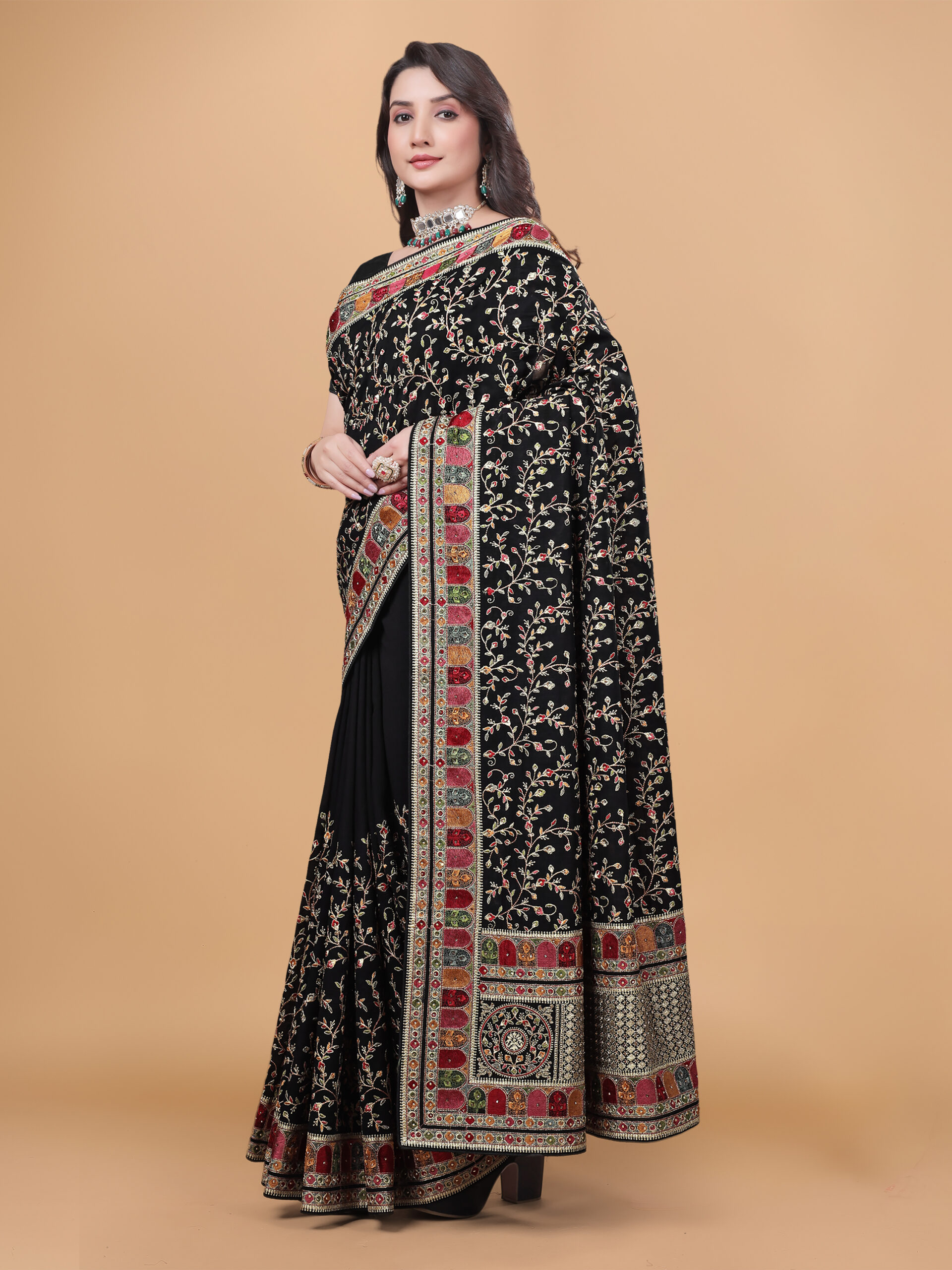 zari work saree with rich gold embroidery and traditional woven detailing by Ritual Styles.