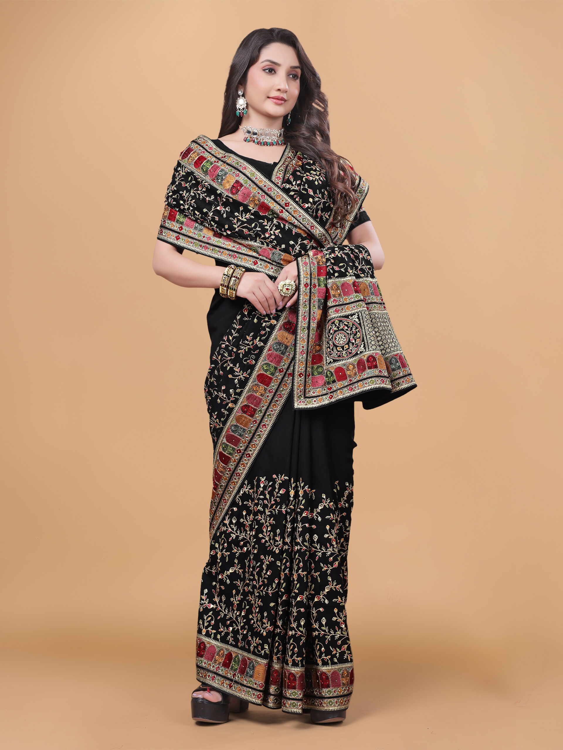black Kashmiri Art Vichitra Silk Saree with multicolour embroidery and a traditional border by Ritual Styles.