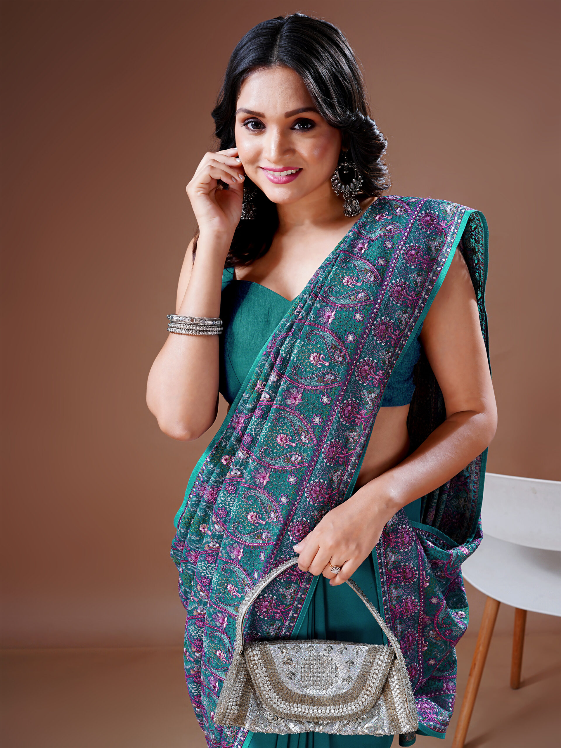 Model wearing a Kashmiri work saree with detailed multi-colour embroidery and traditional motifs by Ritual Styles.