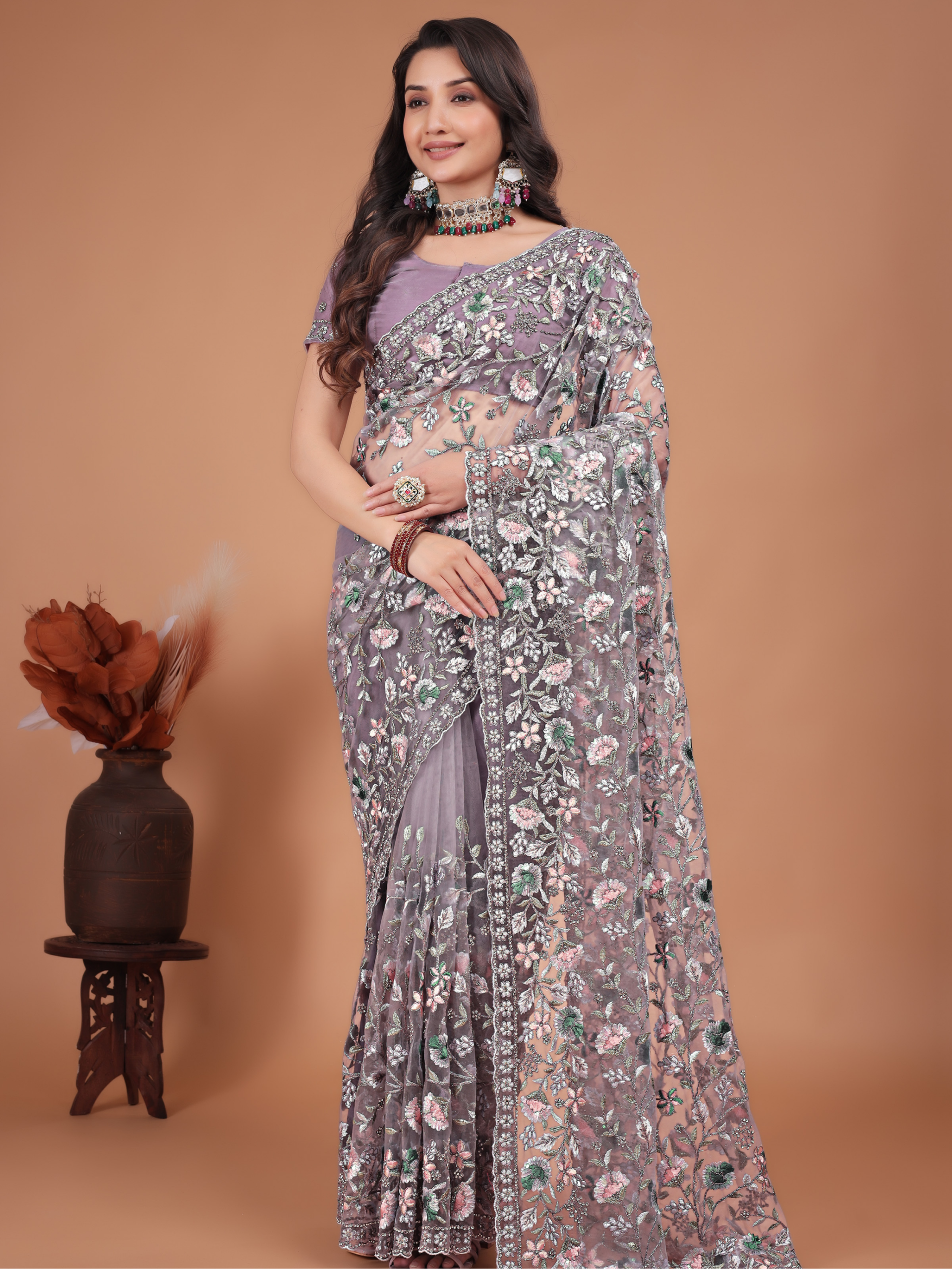 Lavender Coading-Swarovski Work Net Saree
