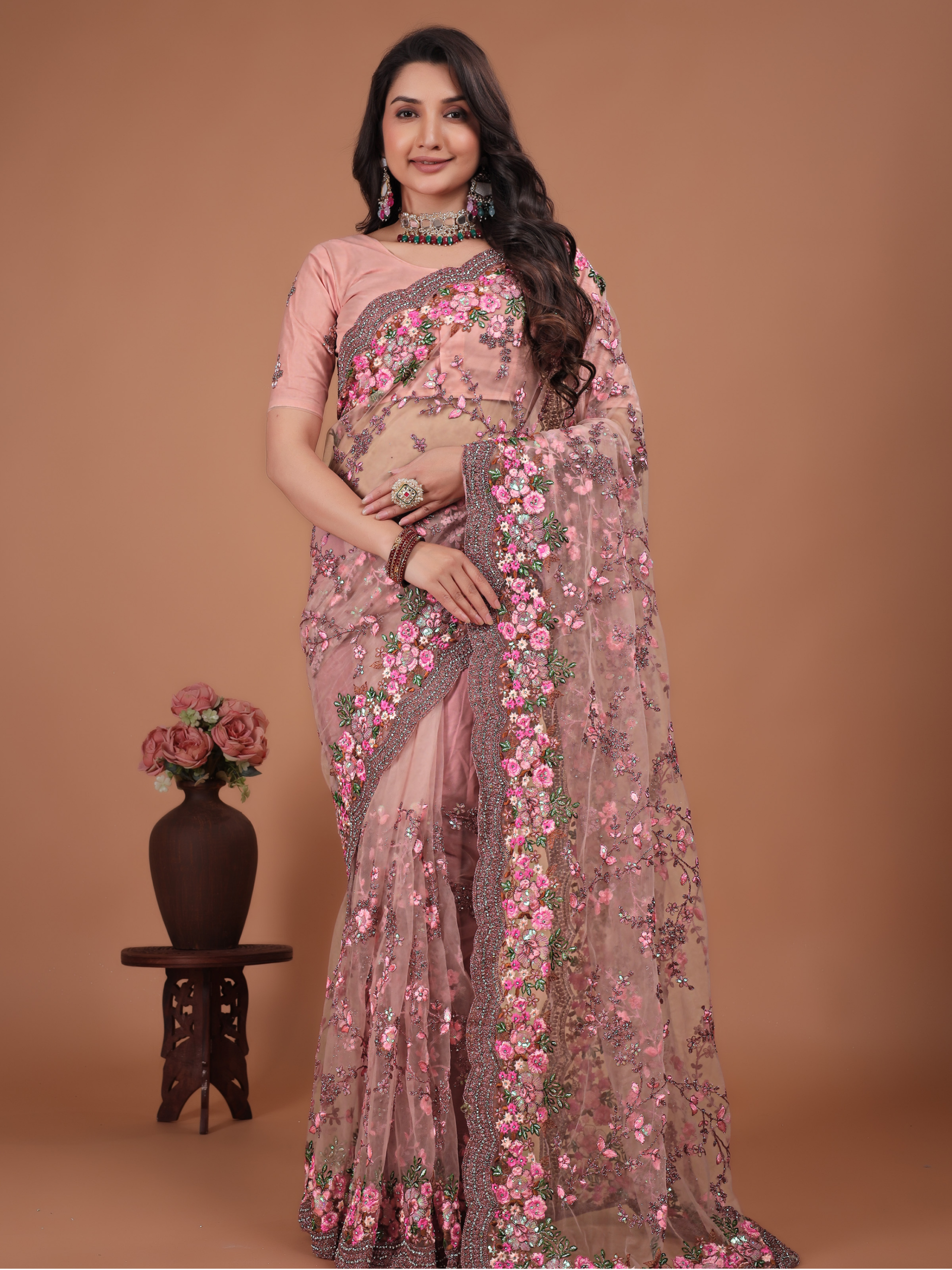 Pink Swarovski Floral Border Net Saree