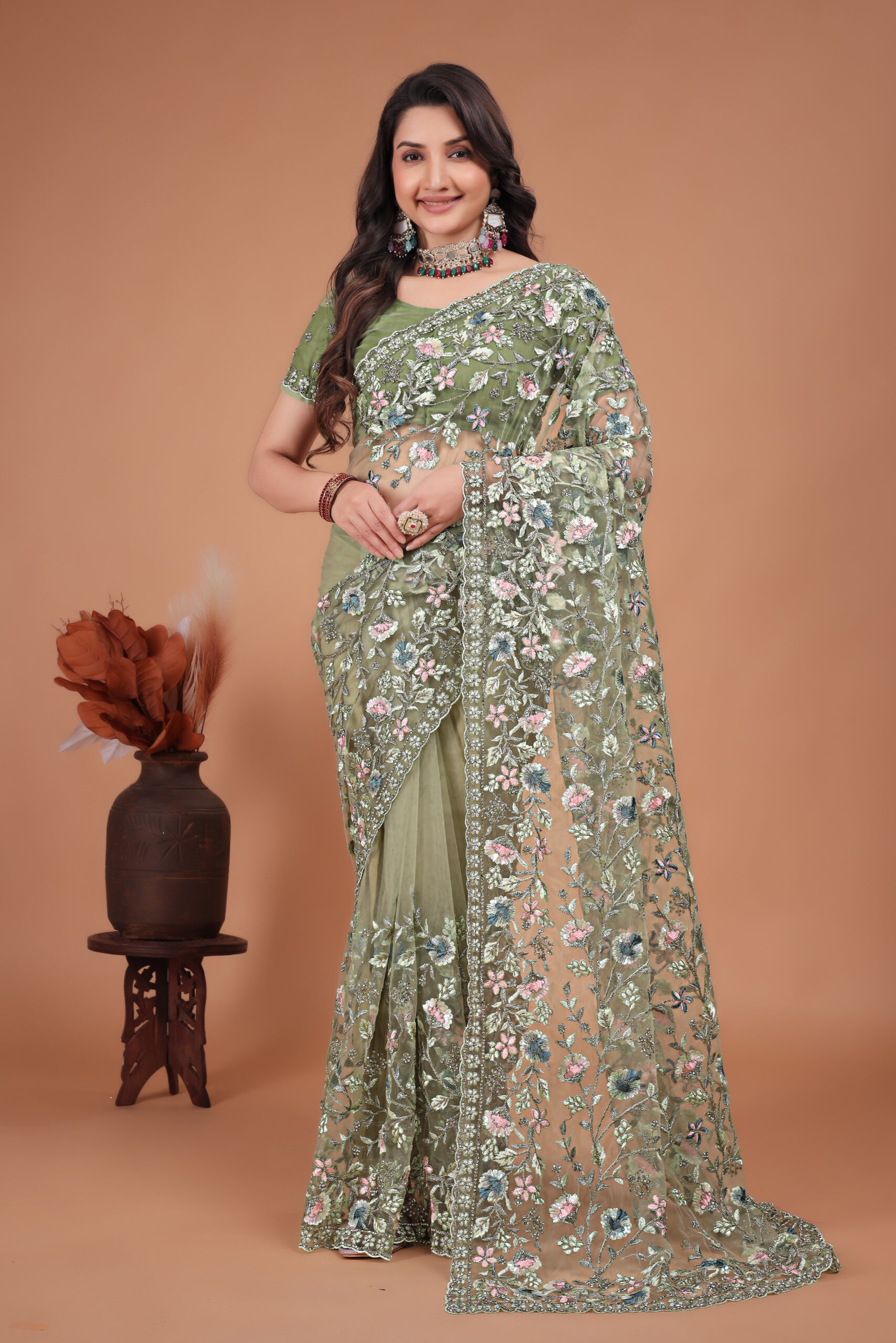 Pista Coading-Swarovski Work Net Saree