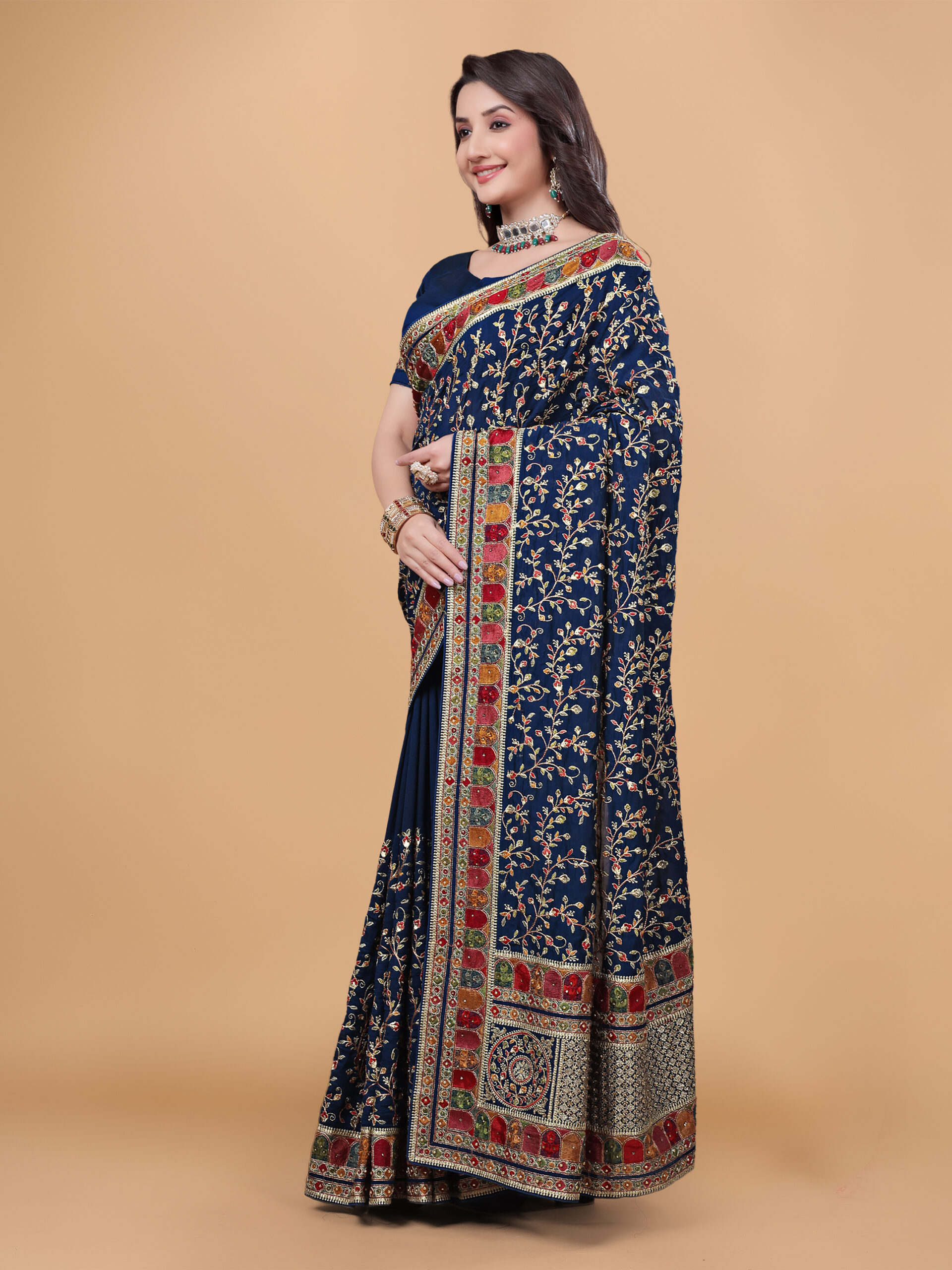 Royal Blue Kashmiri Art Vichitra Silk Saree with rich multicolour embroidery and traditional border by Ritual Styles.