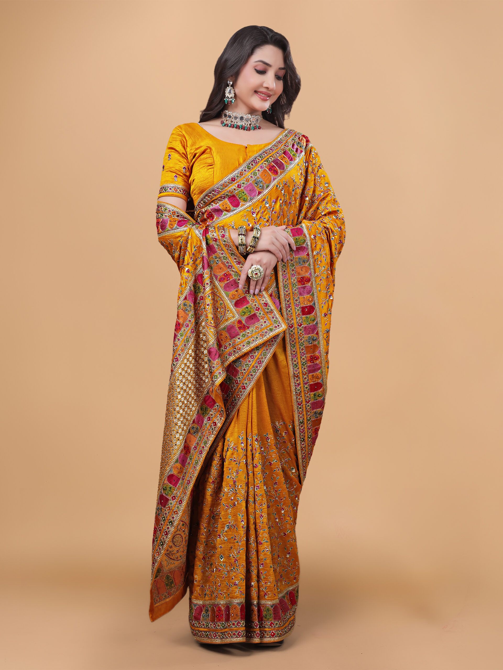 Golden Yellow Kashmiri Art Vichitra Silk Saree with intricate multicolour embroidery by Ritual Styles.